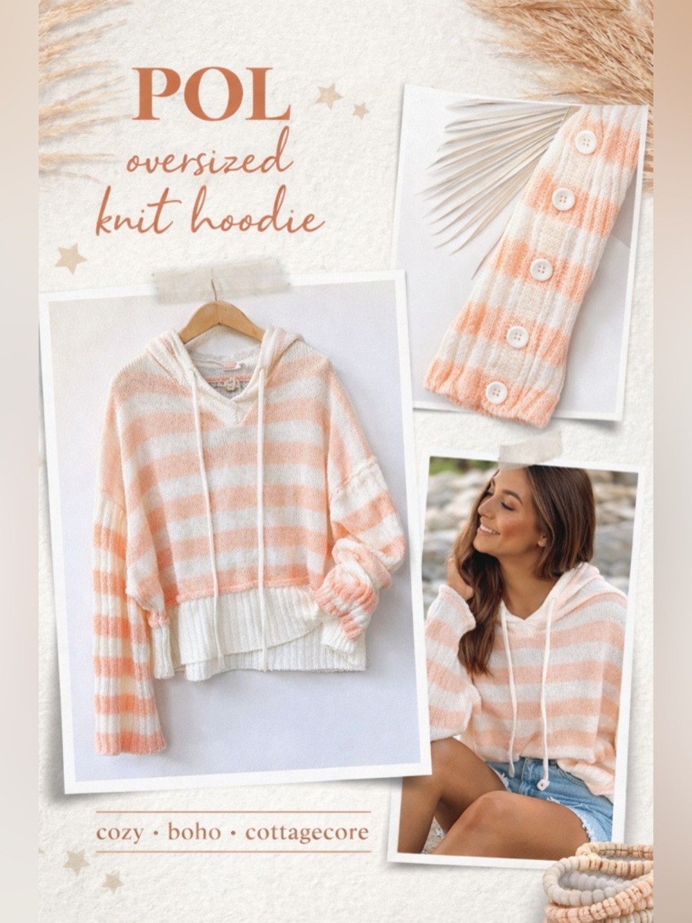 POL Striped Knit Hoodie Oversized Peach Cream Button Sleeve Sweater‎ Size S